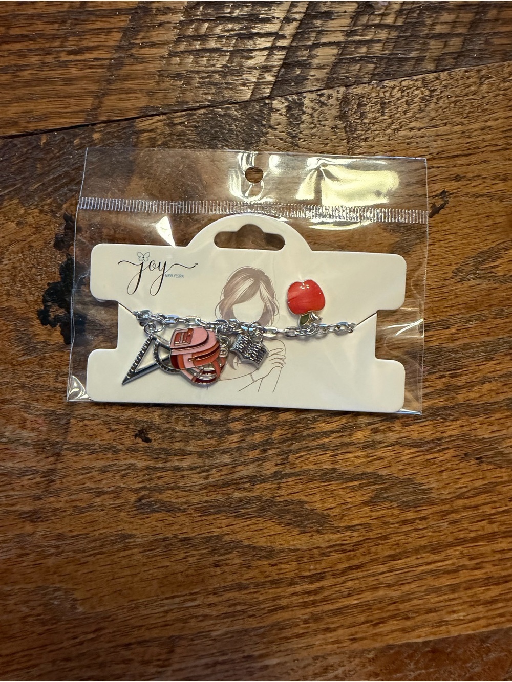 Kids Charm Bracelet with Red Apple & School-Themed Charms silver